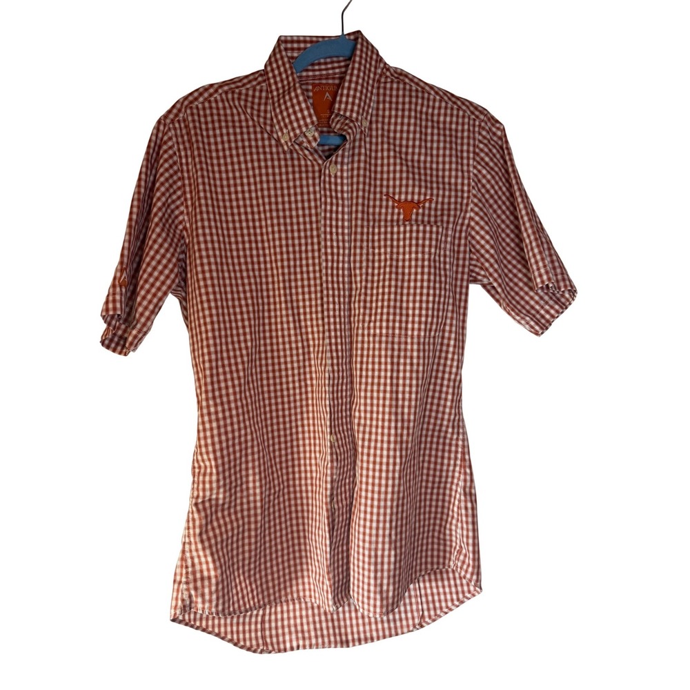 Antigua Texas Longhorns Mens Small Burnt Orange Gingham Short Sleeve Button Down